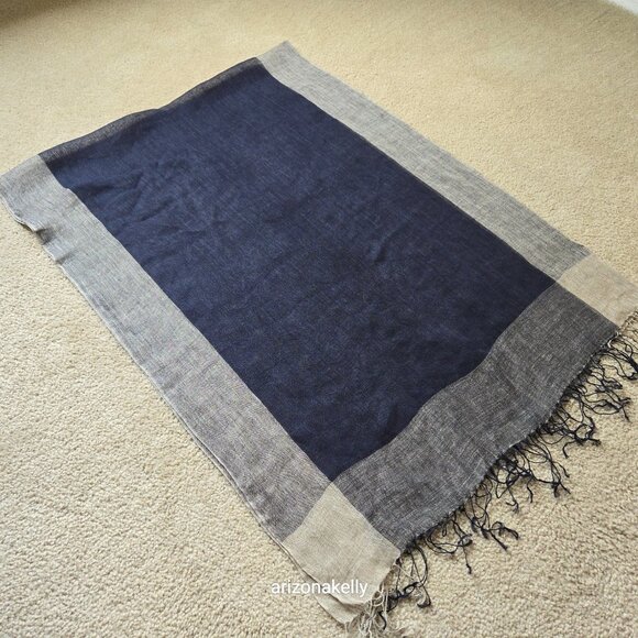 NWOT Linen Scarf Navy Blue Tan - Picture 5 of 6